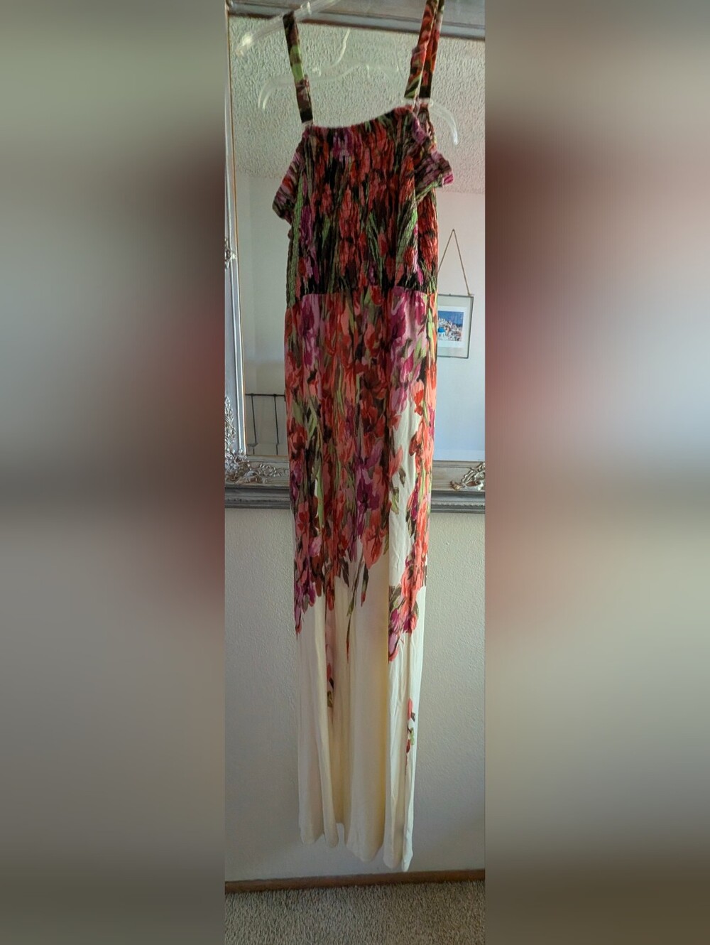 Floral Cream Maxi Dress with Pink & Coral Accents